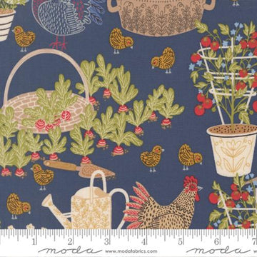 The Henhouse Chicken Garden Landscape and Nature Denim Fabric Yardage - quilt fabric for sewing and quilting projects
