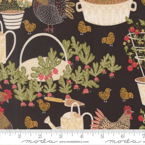 The Henhouse Chicken Garden Landscape and Nature Iron Fabric Yardage by United Notions features a chicken garden print with chickens, chicks, radishes, cooking pots, and veggies on a dark background. Ruler at the bottom shows scale in inches.