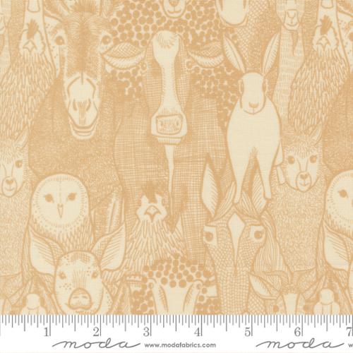 The Henhouse Barnyard Faces Novelty Animals Hay Fabric by United Notions features beige quilting cotton with detailed line drawings of a horse, cow, rabbit, owl, pig, goat, rooster, and sheep. Inch ruler included for scale.