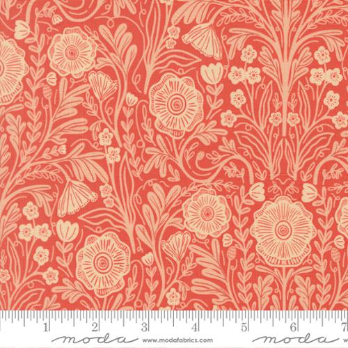 The Henhouse Poppy Florals Tomato Fabric Yardage by United Notions features coral quilting cotton with a cream floral pattern of flowers, leaves, and butterflies. Ruler at the bottom shows inches 1–8.