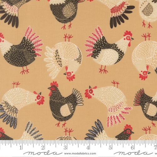 The Henhouse Tossed Chickens Novelty Hay Fabric Yardage by United Notions features black and white chickens with red accents on a tan background—ideal farmhouse quilting cotton for charming projects. Ruler shown for scale.