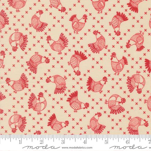 The Henhouse Cross Stitch Chickens Novelty Cloud Barn Fabric Yardage by United Notions features beige quilting cotton with red chickens and X shapes in a charming farmhouse pattern. A ruler at the bottom shows scale in inches for a vintage feel.