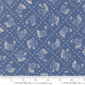 The Henhouse Cross Stitch Chickens Novelty Cobalt Fabric Yardage - quilt fabric for sewing and quilting projects