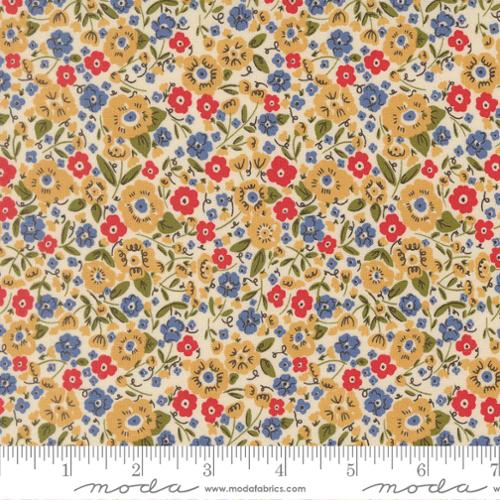 The Henhouse Calico Small Floral Tomato Fabric Yardage by United Notions features tiny red, blue, and yellow flowers with green leaves on a cream background. A ruler in inches appears along the bottom edge. Perfect for quilting projects.