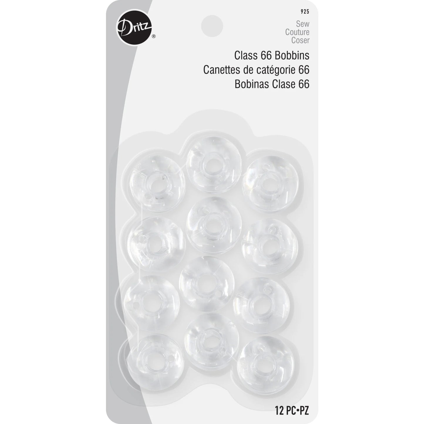 Dritz 12 Count Plastic Class 66 Bobbins by Checker Distributor—12 clear bobbins in a blister pack, labeled in English, French, and Spanish—ideal for your next sewing project.