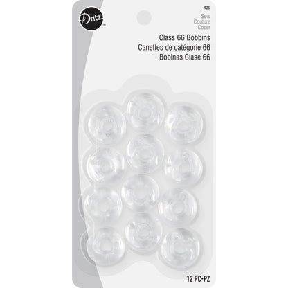 Dritz 12 Count Plastic Class 66 Bobbins by Checker Distributor—12 clear bobbins in a blister pack, labeled in English, French, and Spanish—ideal for your next sewing project.