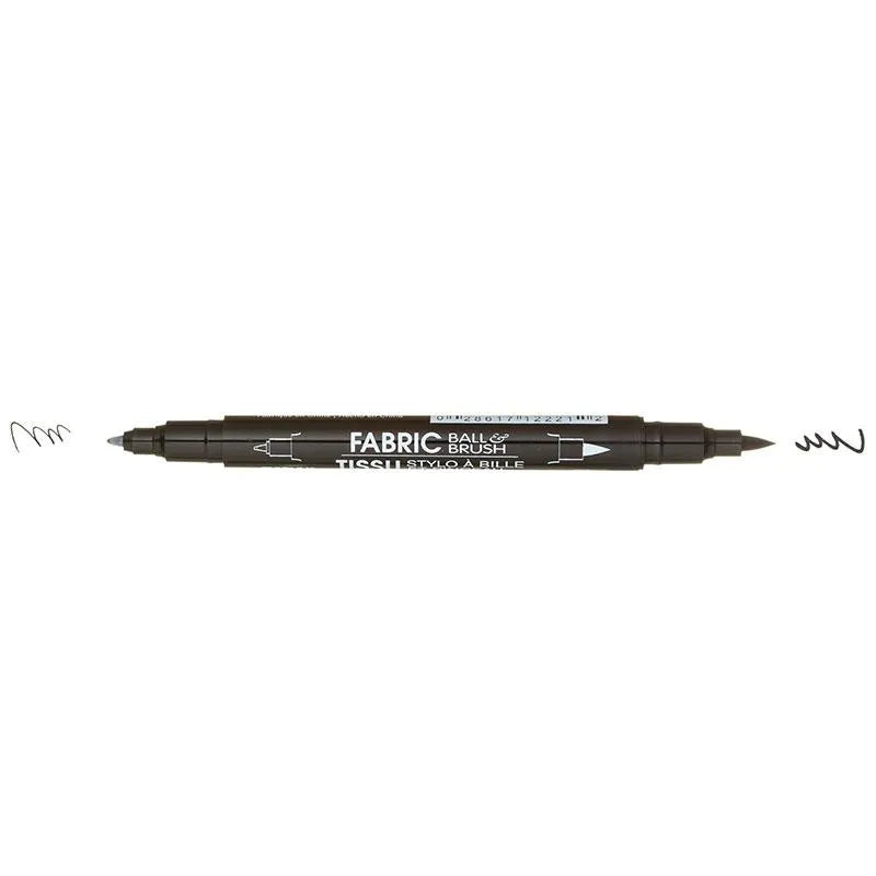 The United Notions Marvy Fabric Ball & Brush Marker is displayed horizontally, featuring a fine ball tip on one end and a brush tip on the other. Short black squiggles, made by each tip, appear beside the permanent fabric marker.