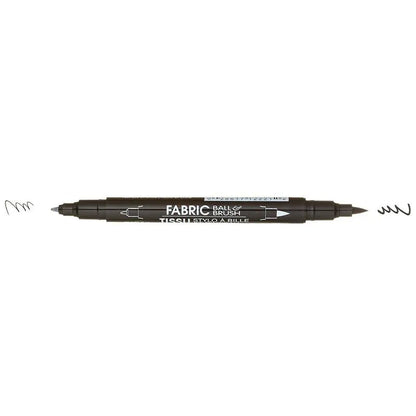 The United Notions Marvy Fabric Ball & Brush Marker is displayed horizontally, featuring a fine ball tip on one end and a brush tip on the other. Short black squiggles, made by each tip, appear beside the permanent fabric marker.