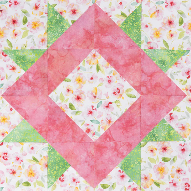 The Quick & Easy All Stars Block Tool by Brewer Sewing features geometric star block patterns with pink, green, and floral fabrics—a floral diamond center, pink triangles, and green corners. Perfect for quilting projects with easy cutting instructions.
