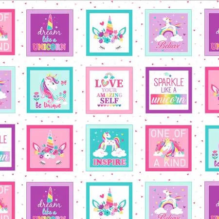 The Benartex Unicorn Magic Boxes White 24" Panel features colorful unicorns, rainbows, and positive phrases on pastel squares—ideal for adding a cheerful touch to white fabric projects.