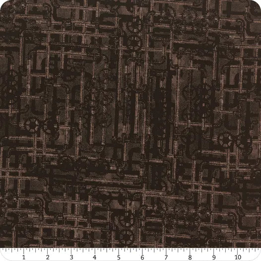 Steampunk Menagerie Brown Pipes Fabric Yardage by In the Beginning Fabrics features an industrial maze of pipes and gears on dark brown quilting cotton, with a ruler in inches from 0 to 10 along the edge—perfect for vintage industrial projects.