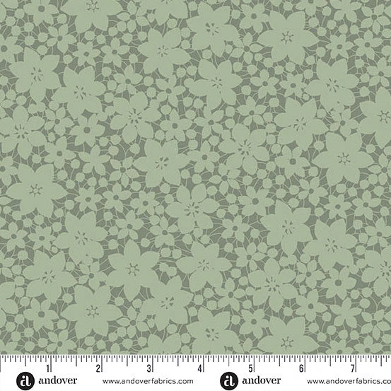 Color Me Whispered Moss Green Laced Blooms Fabric Yardage by Andover features a dense, textured floral and leaf pattern on quilting cotton. Edge ruler in inches and the Andover logo with website are visible.