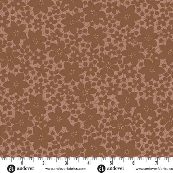 Andover's Color Me Whispered Mocha Laced Blooms Fabric Yardage features dense brown floral and leaf patterns on a lighter brown background, with inch ruler shown—perfect for quilting cotton fabric projects.