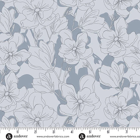 Color Me Whispered Gray Magnolia Veil Fabric Yardage by Andover showcases hand-drawn gray magnolia flowers with overlapping leaves. A ruler shows the print’s scale—ideal for quilting cotton fabric projects.