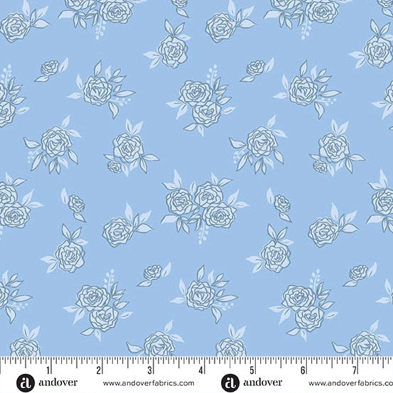 Andover’s Color Me Whispered Sky Blue Rosy Haze Fabric Yardage features light blue quilting cotton with white rose and leaf line drawings spaced a few inches apart—perfect for fabric yardage projects.