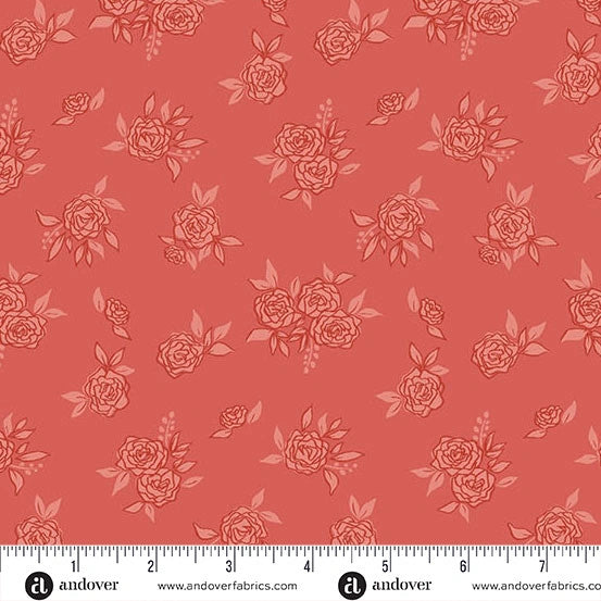 The Andover Color Me Whispered Burnt Orange Blue Rosy Haze Fabric features coral quilting cotton with light pink rose clusters and scattered leaves. An inch ruler from 1 to 8 at the bottom shows the design scale.