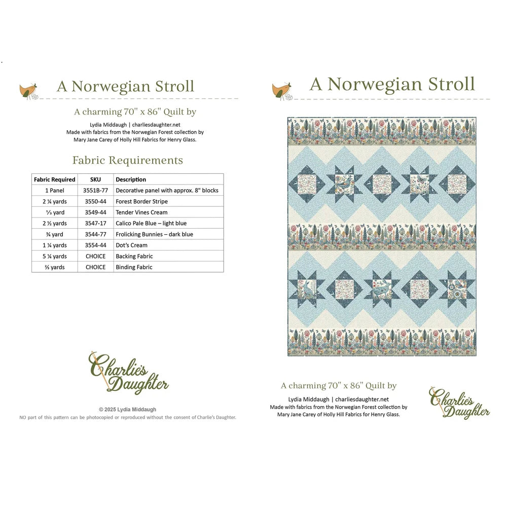 The A Norwegian Stroll Quilt Pattern by Charlie features a blue, white, and tan Scandinavian design with geometric and floral motifs. The image includes fabric requirements and measurements for making the quilt.