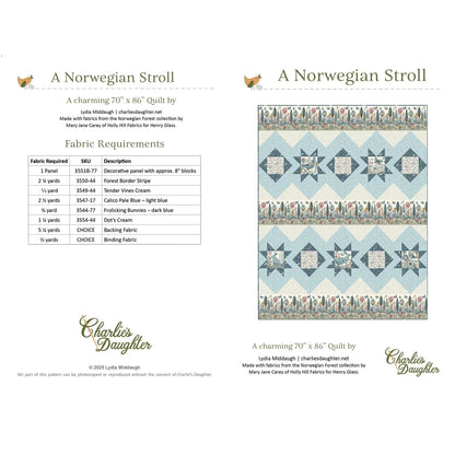 The A Norwegian Stroll Quilt Pattern by Charlie features a blue, white, and tan Scandinavian design with geometric and floral motifs. The image includes fabric requirements and measurements for making the quilt.
