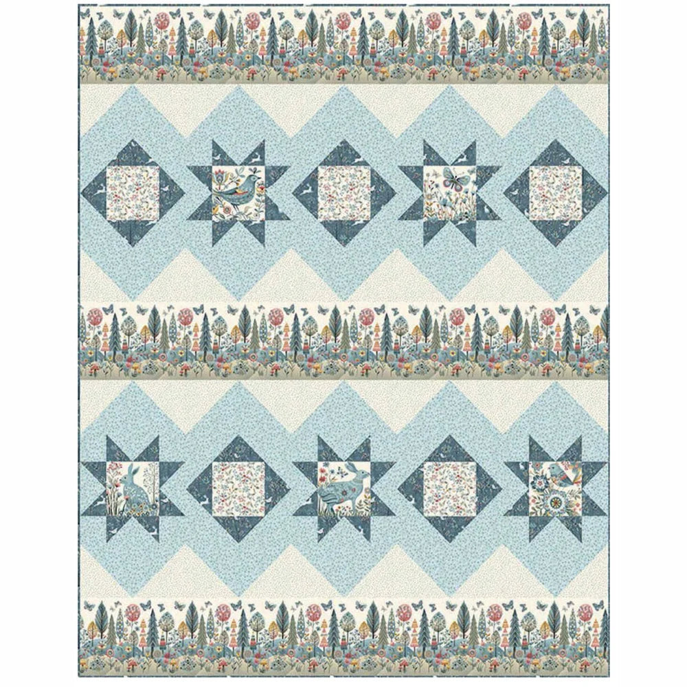 The Charlie "A Norwegian Stroll Quilt Pattern" features two rows of star motifs with floral centers, blue geometric accents, and a colorful floral border on pale blue and cream diamond backgrounds for a timeless Scandinavian look.