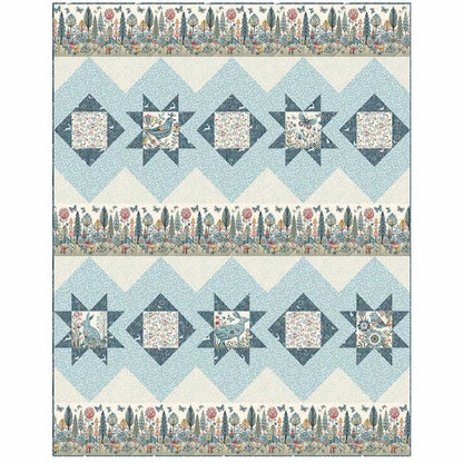 The Charlie "A Norwegian Stroll Quilt Pattern" features two rows of star motifs with floral centers, blue geometric accents, and a colorful floral border on pale blue and cream diamond backgrounds for a timeless Scandinavian look.