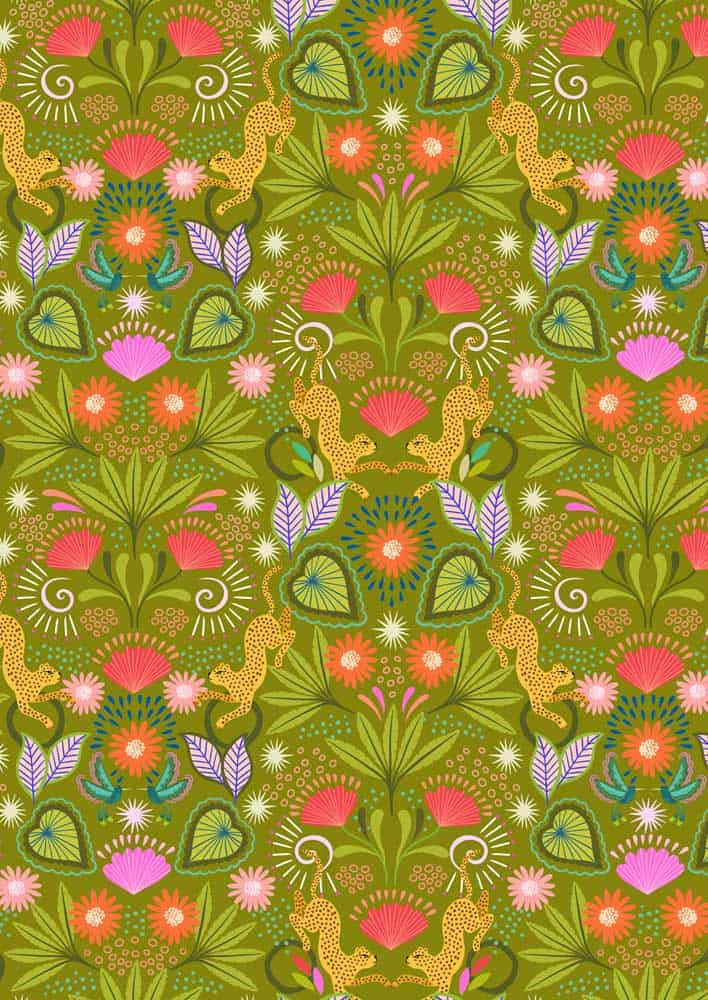 Bahia Jungle Green Mirrored Jaguar Fabric Yardage