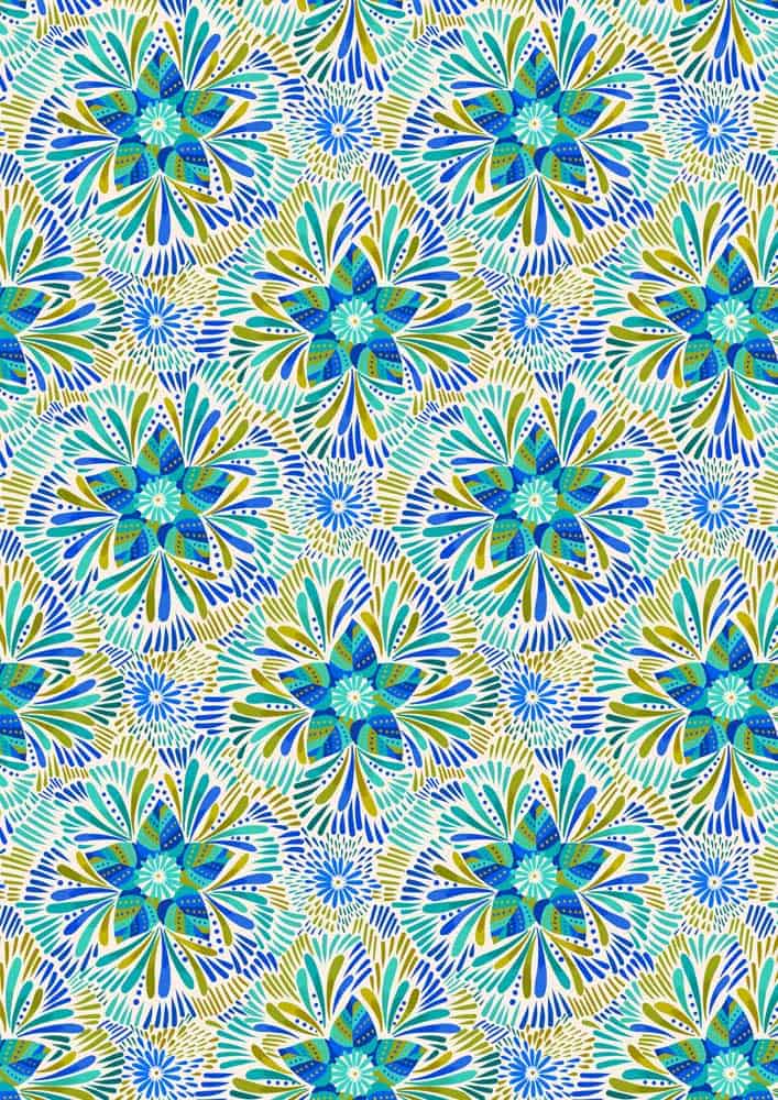 Bahia Blue and Green Floral on Cream Axe Fabric Yardage