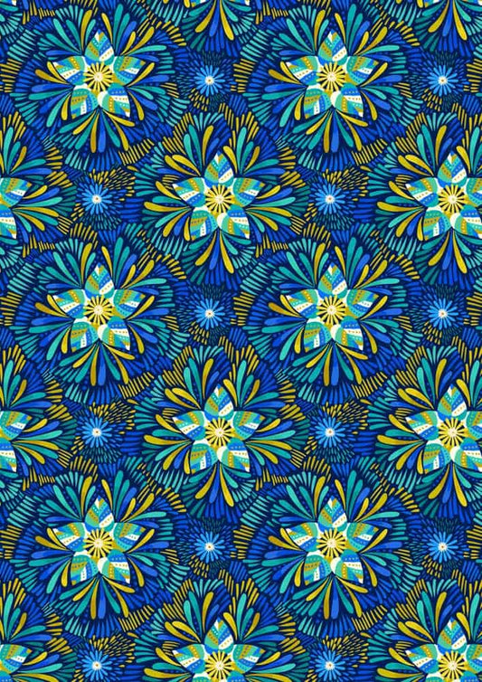 Bahia Blue and Green Floral on Dark Blue Axe Fabric Yardage