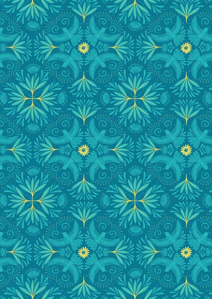 Bahia Dark Turquoise Hummingbird Fabric Yardage