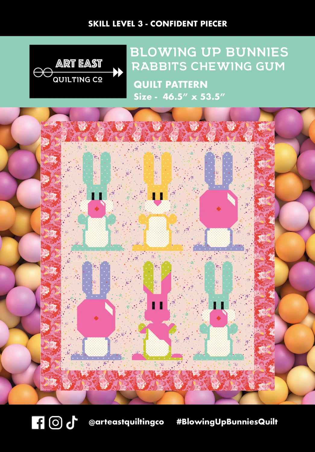 A vibrant quilt featuring six pixel-style bunnies, some chewing gum, on a pink border with pastel balls. Showcases Checker Distributor’s “Blowin Up Bunnies - Rabbits Chewing Gum Quilt Pattern” and includes social media handles.