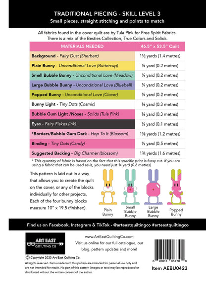 A materials list and fabric chart for the Blowin Up Bunnies - Rabbits Chewing Gum Quilt Pattern by Checker Distributor, featuring cartoon bunnies, fabric details, yardages, social media info, and inspired by Tula Pink Besties.