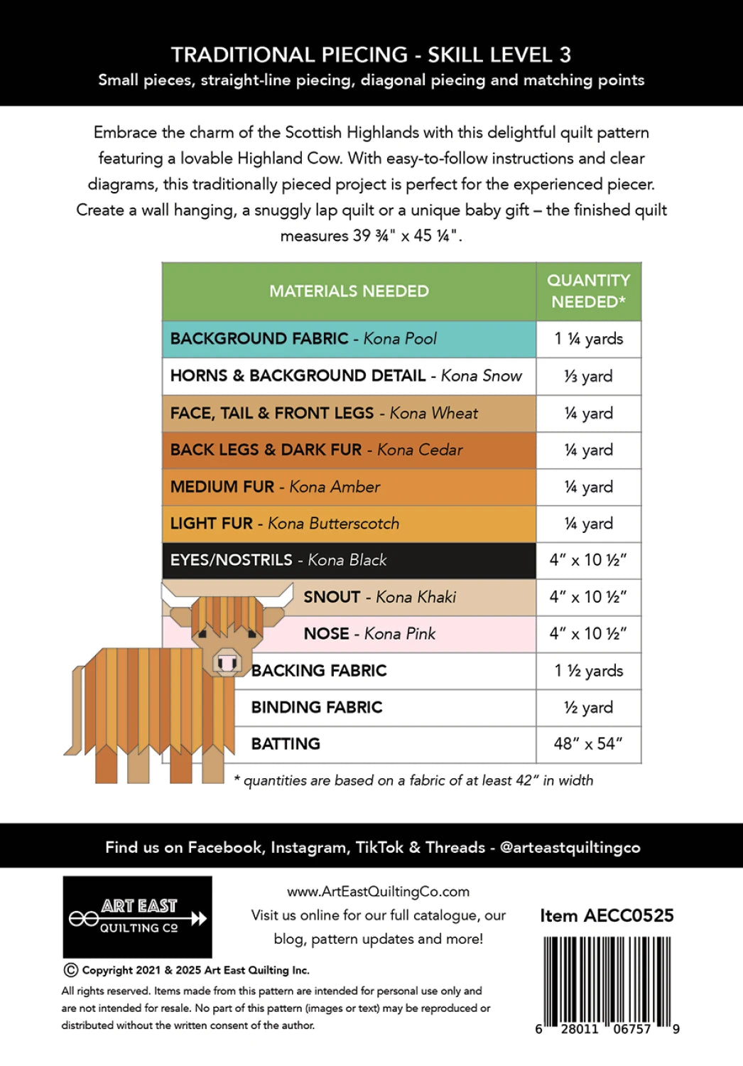 Cattle Call - A Highland Coo Quilt Pattern instruction sheet with color photo, materials list (colors/sizes), skill level, finished size, and social media info included.