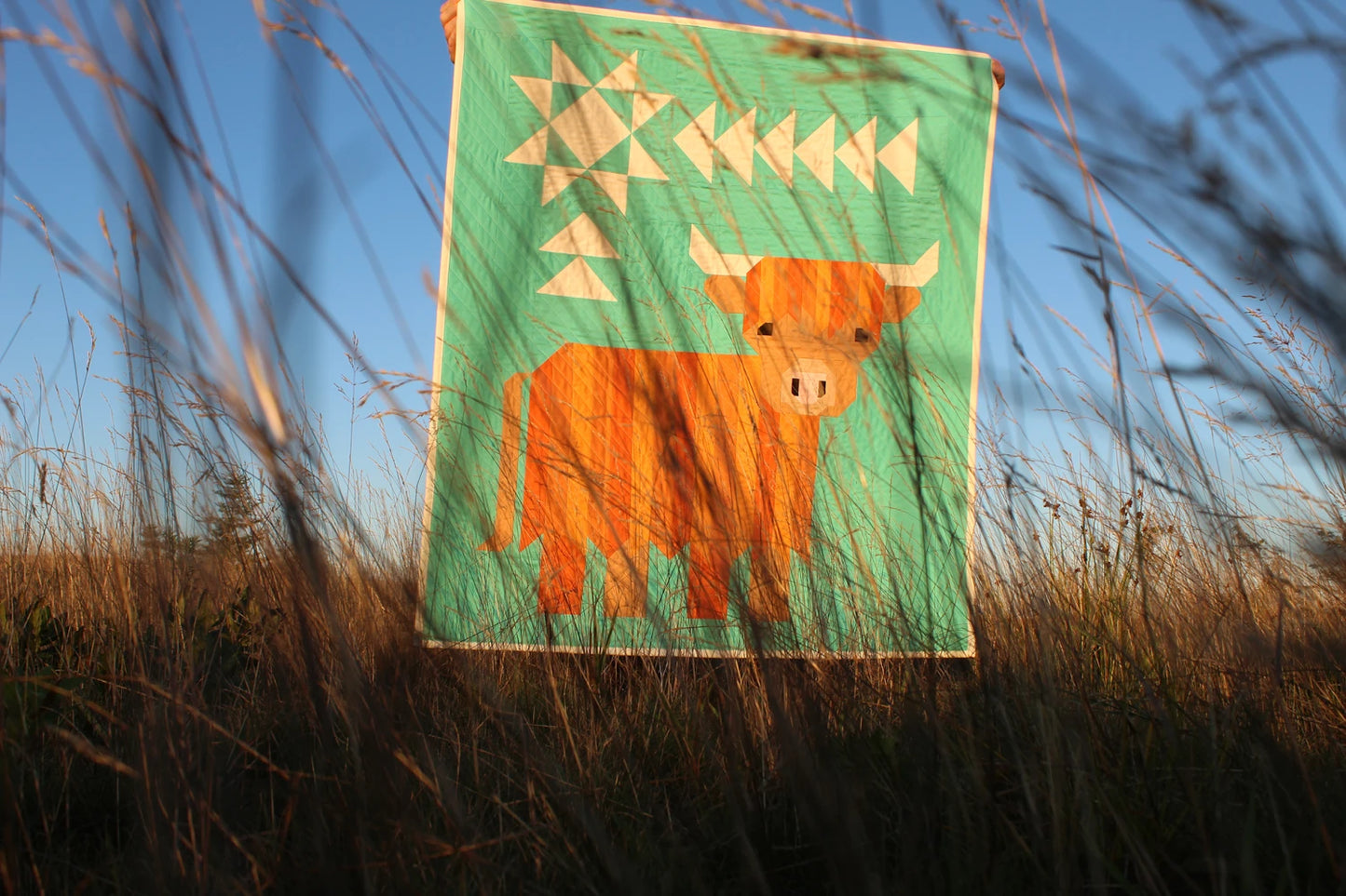 Cattle Call - A Highland Coo Quilt Pattern features a large orange cow and white geometric designs on teal, standing in a grassy field at sunset with tall grass partly hiding another farmhouse quilt pattern in the foreground.