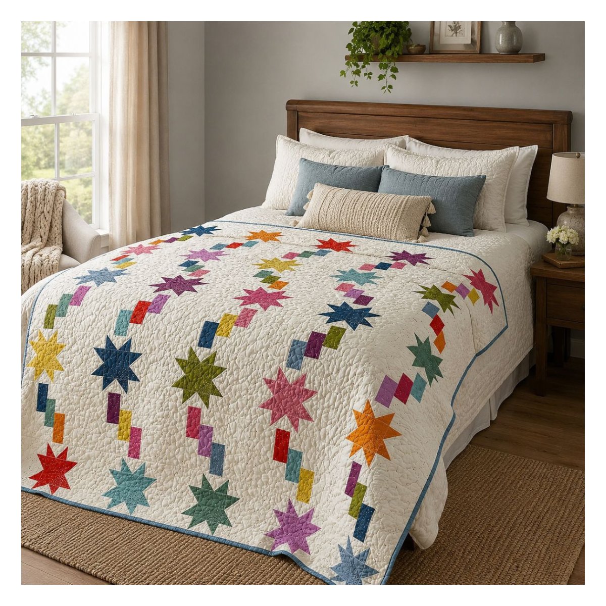 A cozy bedroom features Quilted Joy's Fairy Dust Quilt Kit on a wooden bed with white bedding and decorative pillows. Sunlight streams through a window, and a nightstand with a lamp sits beside the bed.