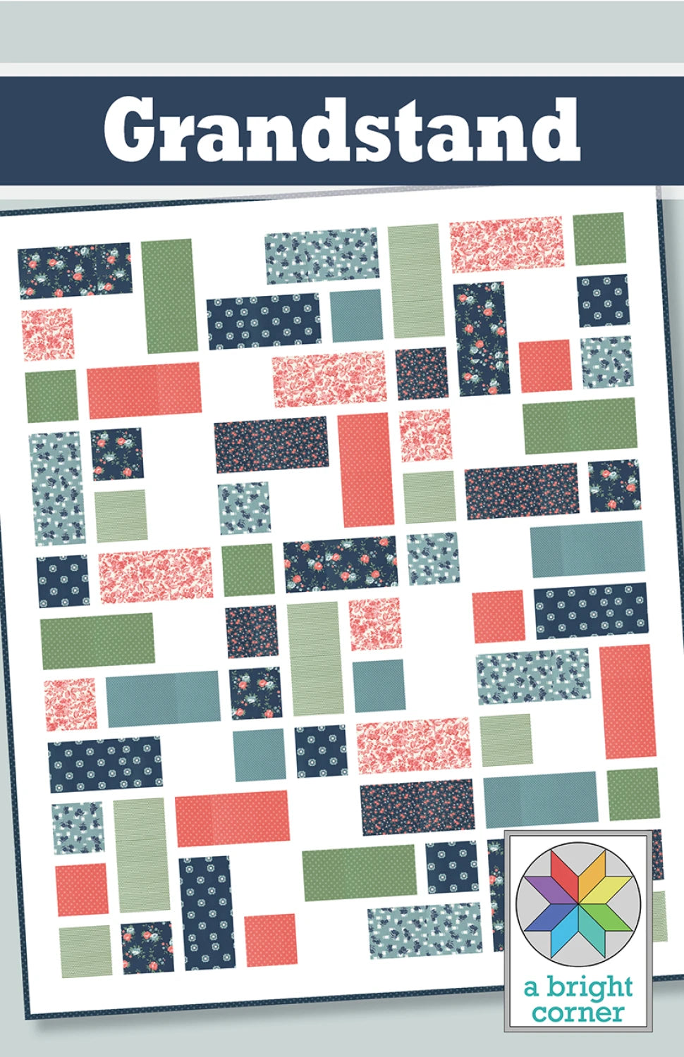 The Grandstand Quilt Pattern by Checker Distributor features rectangular pieces in coral, navy, green, and floral prints with multiple size options. A colorful geometric logo appears at the bottom right.