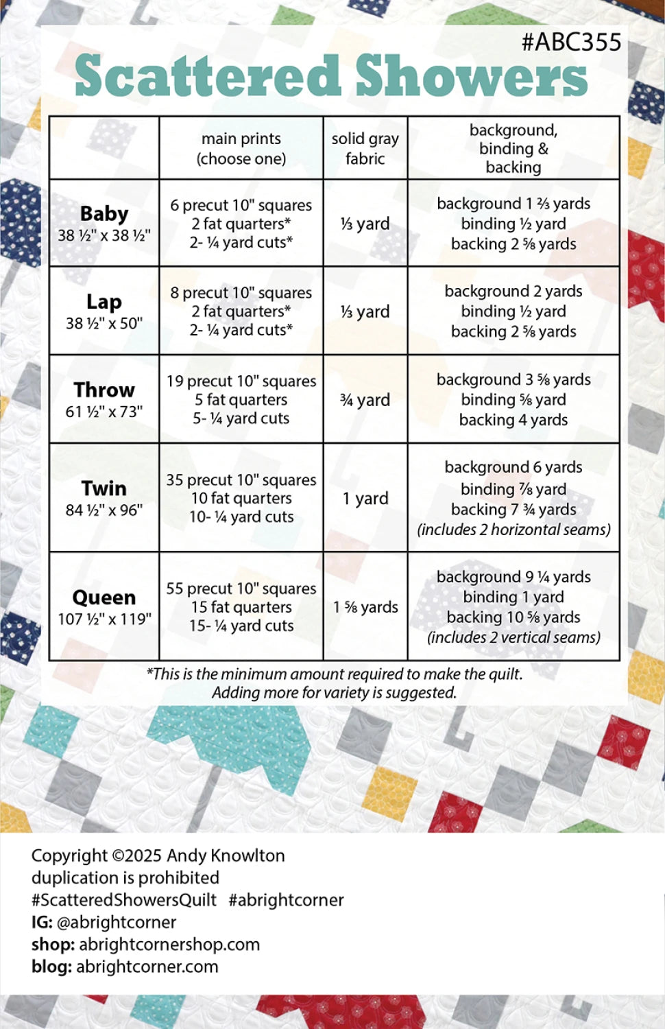 The Scattered Showers Quilt Pattern includes a chart listing fabric requirements for baby, lap, throw, twin, and queen sizes, specifying amounts needed for background, binding, and backing.