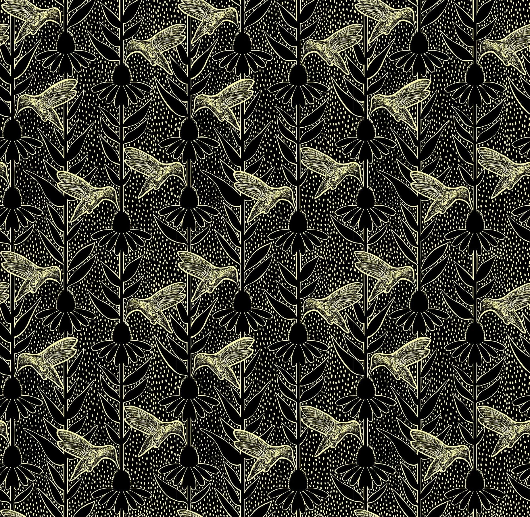 Indelible Ink Black Humming Fabric Yardage - quilt fabric for sewing and quilting projects