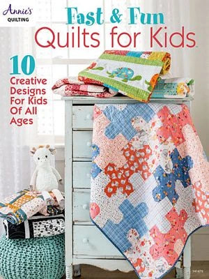 The cover of Brewer Sewing's Fast & Fun Quilts for Kids shows colorful quilts draped over a white dresser with a stuffed animal and folded quilts on top, and highlights 10 easy quilt patterns and creative designs for all ages.
