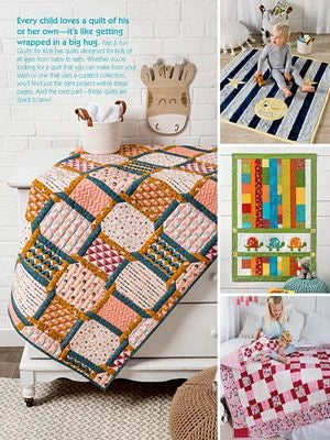 A collage from Brewer Sewing's Fast & Fun Quilts for Kids shows: a geometric quilt on a dresser, a child on a bear quilt, an animal patchwork design, and a girl lying on an easy pink-and-white quilt.