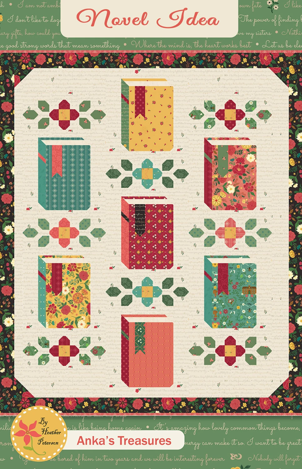 The Novel Idea Quilt Pattern by Riley Blake features colorful blocks resembling books and flowers with a floral border in red, green, yellow, and teal—perfect for book lovers seeking a vibrant quilt design.