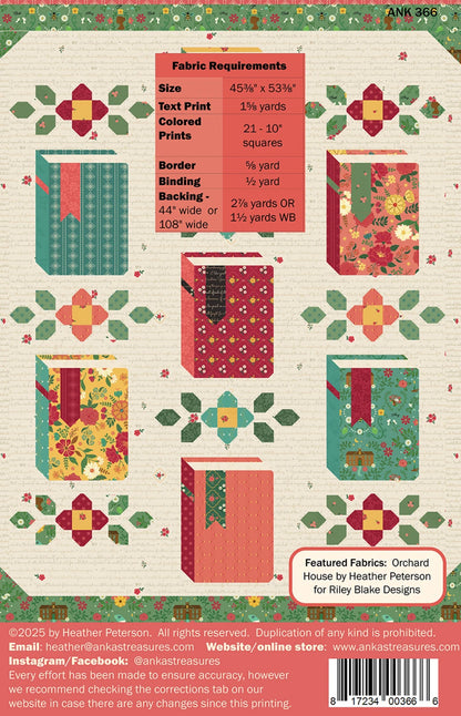 The Novel Idea Quilt Pattern by Riley Blake features illustrated books with floral and stripe fabric covers on a pale patterned background, decorative quilt blocks, and a fabric requirements chart at the top center—perfect for book lovers.