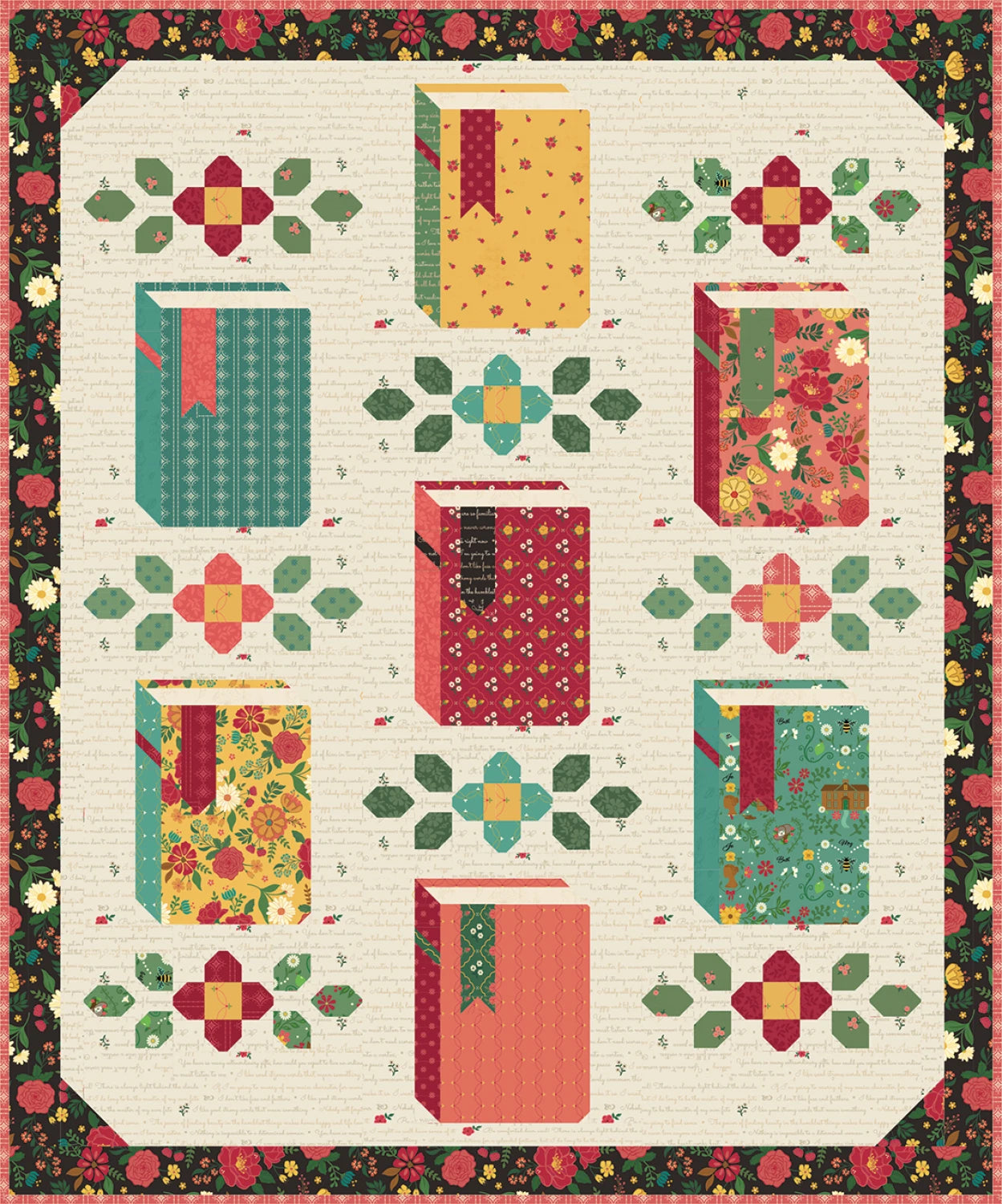 The Novel Idea Quilt Pattern by Riley Blake features a floral border, colorful book designs, green accents, and ribbon bookmarks on cream Orchard House fabric—a charming grid-style quilt for book lovers.