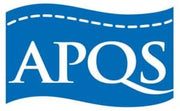 Blue rectangular logo with a white dashed line resembling stitching across the top and the bold white letters APQS centered below it.