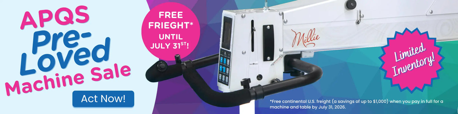 APQS Millie longarm machine with Deluxe Table