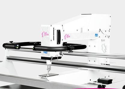 A close-up of the APQS Ellie 18" Long Arm Quilting Machine shows its black handlebars and metal rails, labeled "Ellie," set against a plain gray background.
