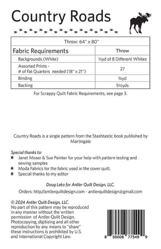 A fabric requirements chart for the Country Roads Quilt Pattern (64" x 80" throw), listing background, assorted prints, fat quarters, and backing details. Perfect for beginners. Notes and copyright info included at the bottom.