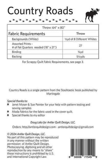 A fabric requirements chart for the Country Roads Quilt Pattern (64" x 80" throw), listing background, assorted prints, fat quarters, and backing details. Perfect for beginners. Notes and copyright info included at the bottom.