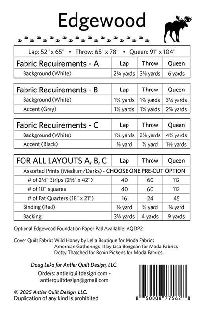The Edgewood Quilt Pattern instruction sheet lists fabric requirements (including Layer Cake options) for three sizes, cutting details, and notes. A black moose silhouette is featured in the top right corner.