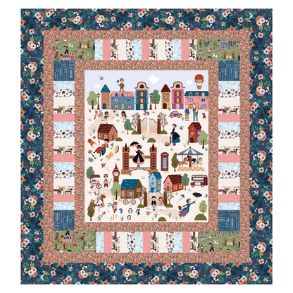The A Spoonful of Sugar Quilt Kit by Quilted Joy features a charming central town scene with people, trees, and houses, framed by floral and geometric borders in blue, pink, green, and red—crafted with Jennifer Long fabric for added appeal.