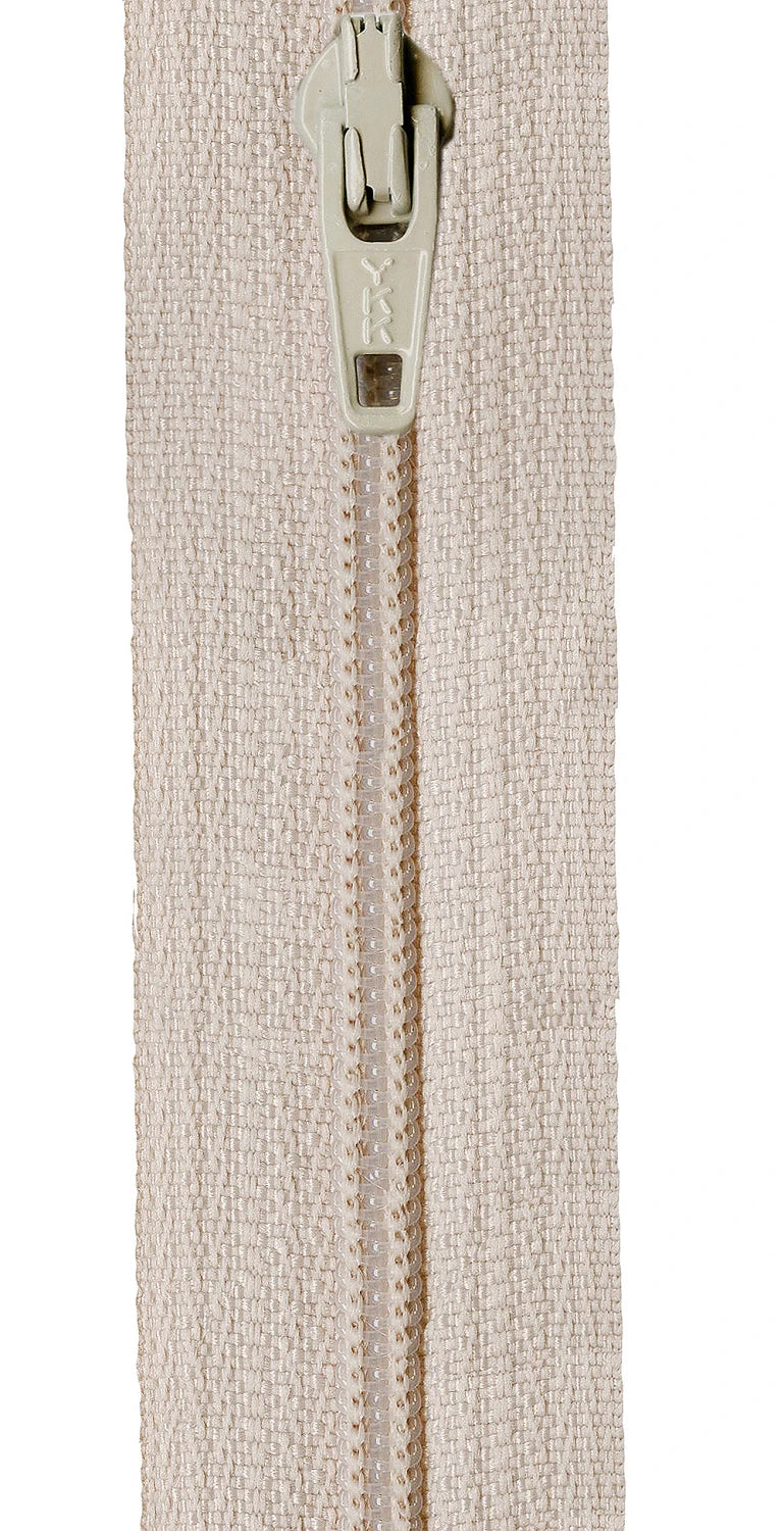 Close-up of the 14in Zipper Size 3 Mushroom with matching fabric tape, displayed vertically on a white background. The zipper is partially open at the top, making it ideal for sewing projects.