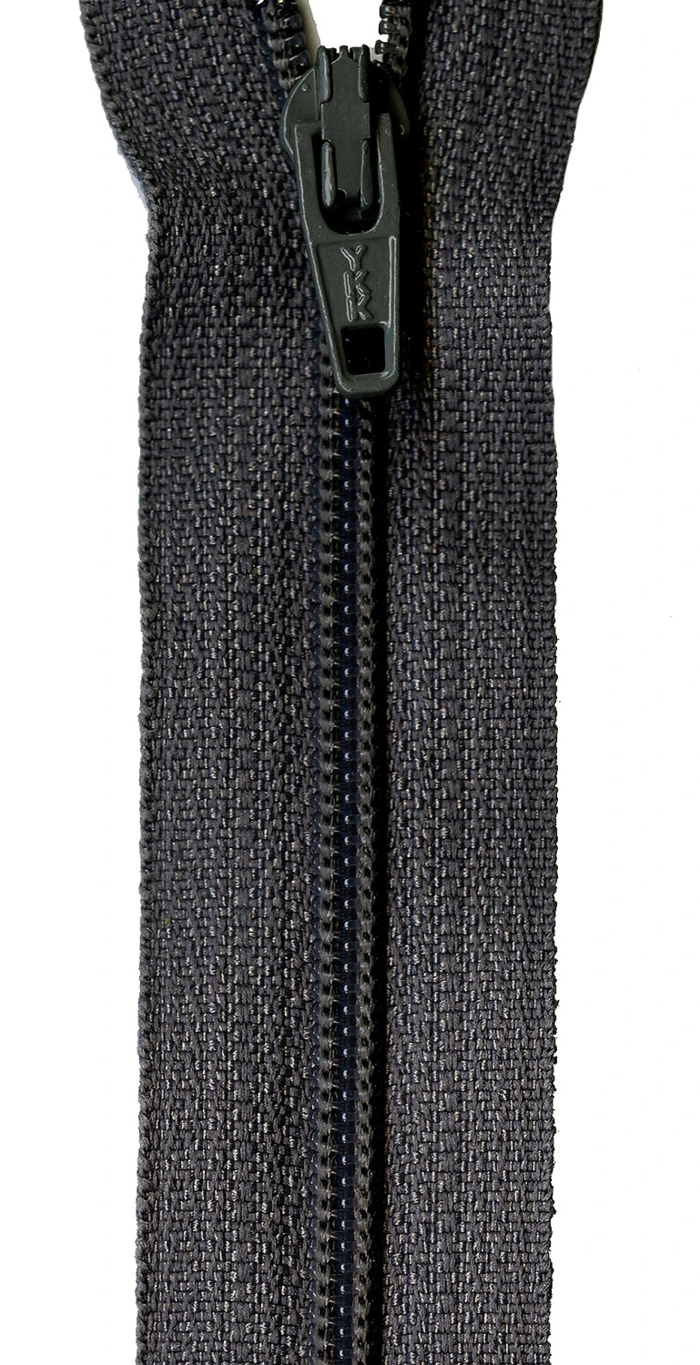 Close-up of a 14in Zipper Size 3 in Charcoal, shown vertically with the pull at the top and aligned teeth—ideal for sewing or quilting projects.